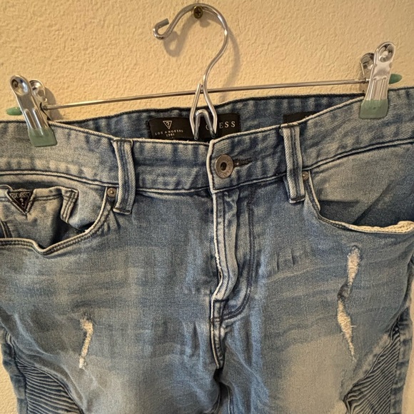 Guess Blue Distressed Jean Shorts with Moto Style - Picture 4 of 7